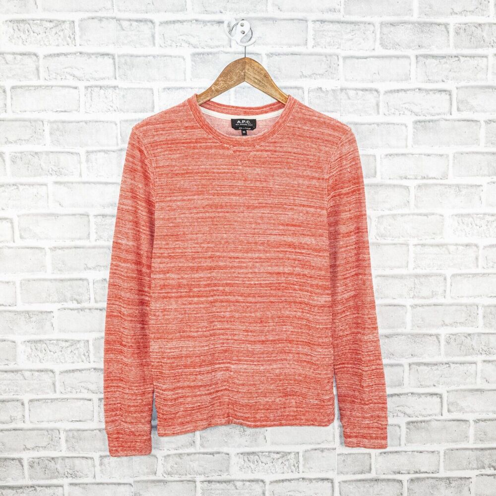 A.P.C. Men's Textured Cotton Crew Neck Pullover Sweater in Coral orange sz XS